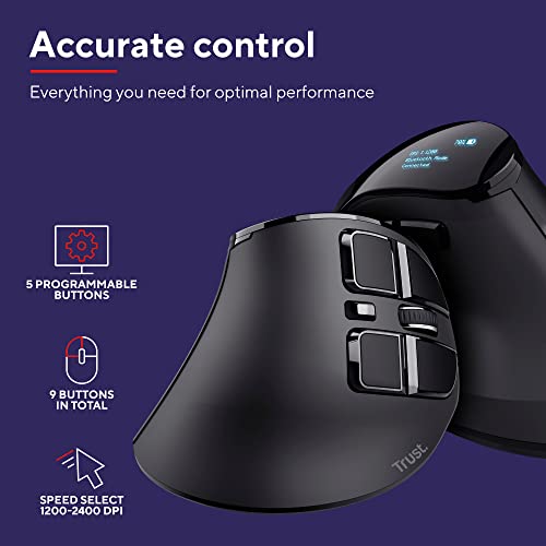 Trust Voxx Vertical Ergonomic Mouse, Rechargeable Wireless Mouse, Bluetooth or 2.4 GHz, 1200-2400 DPI, 9 Buttons, LED Display, Programmable…